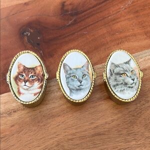 Lot of Vintage Gold Cat Portrait Trinket or Pill Boxes